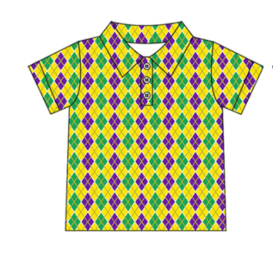 ( Moq 5 )Preorder Baby Boys Short Sleeves Mardi Gras Plaid Polo Shirt