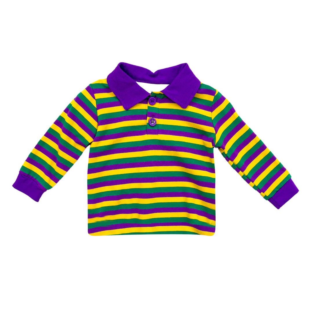 ( Moq 5 )Preorder Baby Boys Short Sleeves Mardi Gras Strips Polo Shirt