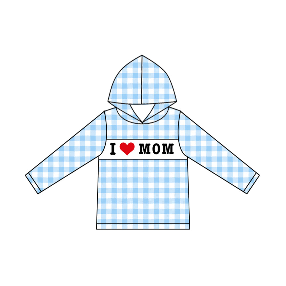 ( Moq 5 ) Preorder Kids Boys Long Sleeves I Love MOM Blue Plaid Hoodie Pullover Shirt