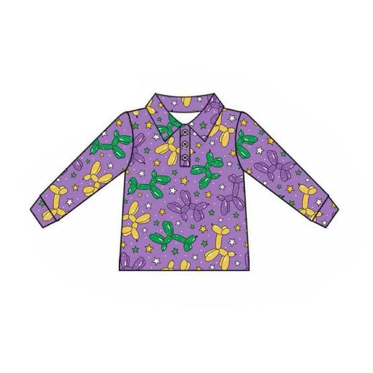 ( Moq 5 ) Preorder Boys Kids Purple Long Sleeves Balloons Mardi Gras Buttons Shirt Tops