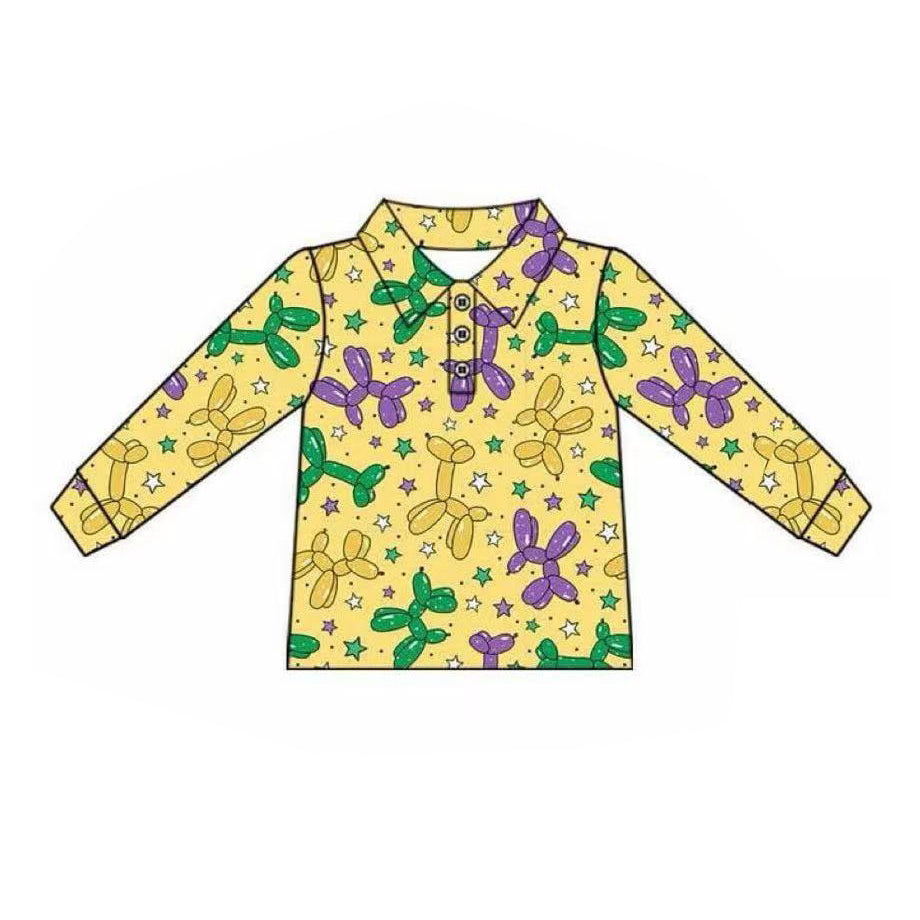 ( Moq 5 ) Preorder Boys Kids Yellow Long Sleeves Balloons Mardi Gras Buttons Shirt Tops