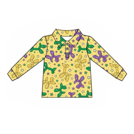 ( Moq 5 ) Preorder Boys Kids Yellow Long Sleeves Balloons Mardi Gras Buttons Shirt Tops