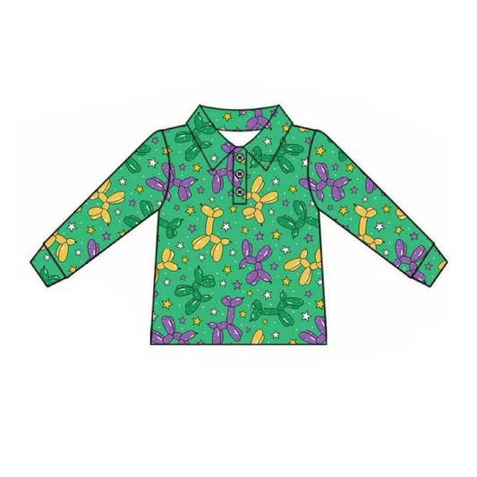 ( Moq 5 ) Preorder Boys Kids Green Long Sleeves Balloons Mardi Gras Buttons Shirt Tops