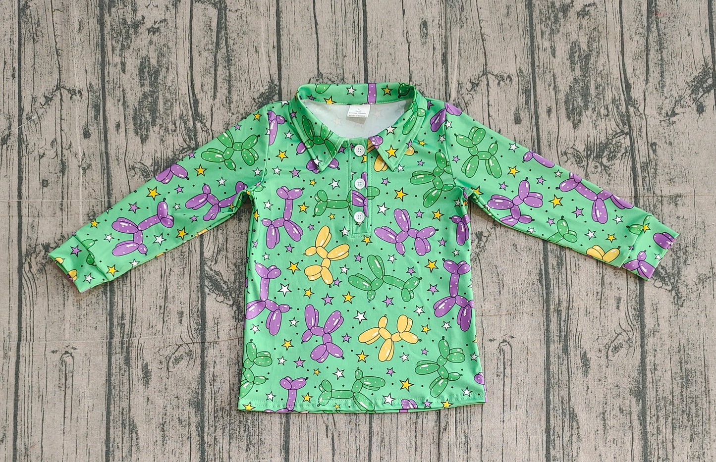 Baby Boys Kids Green Long Sleeves Balloons Mardi Gras Buttons Shirt Tops RTS
