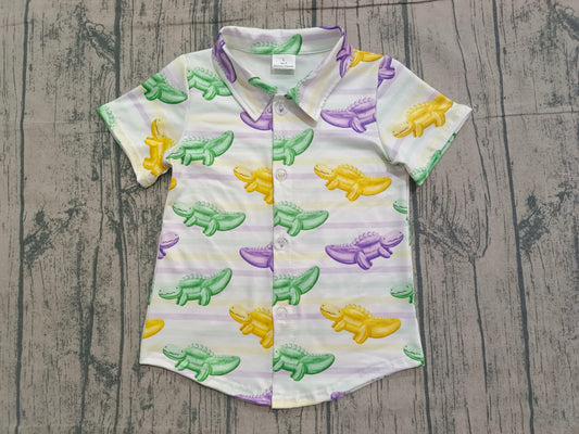 ( No moq ) Preorder Boy Kids Short Sleeves Crocodiles Mardi Gras Tee Buttons Shirt