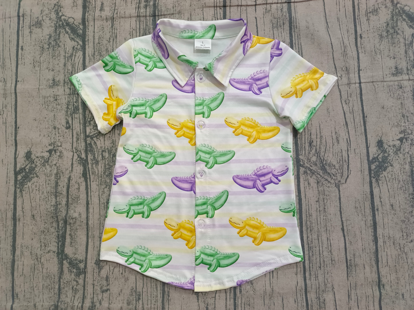 Baby Boy Kids Short Sleeves Crocodiles Mardi Gras Tee Buttons Shirt RTS