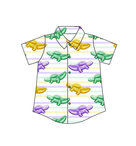 ( Moq 5 ) Preorder Boy Kids Short Sleeves Crocodiles Mardi Gras Tee Buttons Shirt