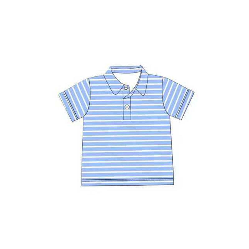 ( Moq 5 ) Preorder Baby Boys Short Sleeves Blue Stripes Buttons Polo Shirt Tops