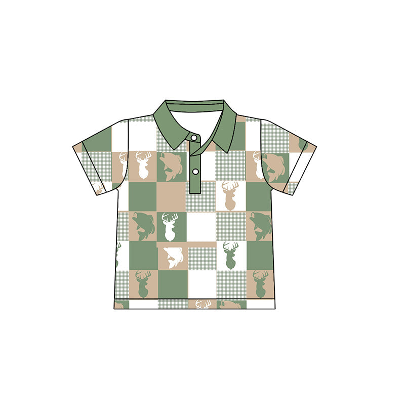 ( Moq 5 ) Preorder Baby Boys Short Sleeves Deer Fish Plaid Polo Shirt Hunting Tops