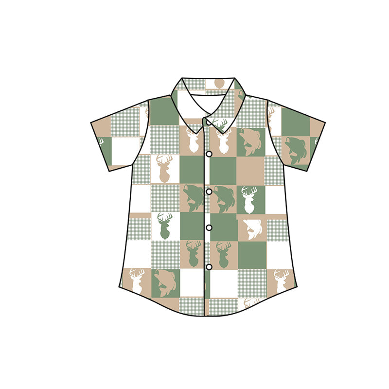 ( Moq 5 ) Preorder Baby Boys Short Sleeves Deer Fish Plaid Buttons Shirt Hunting Tops