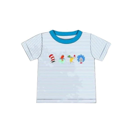 ( Moq 5 ) Preorder Baby Boys Short Sleeves Blue Stripes Reading Shirts Tops