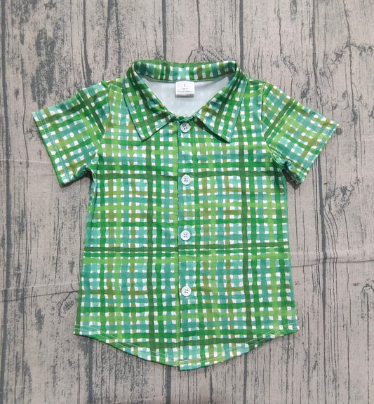 ( No moq ) Preorder Baby Boys Short Sleeves St Patrick Buttons Green Plaid Shirt Tops