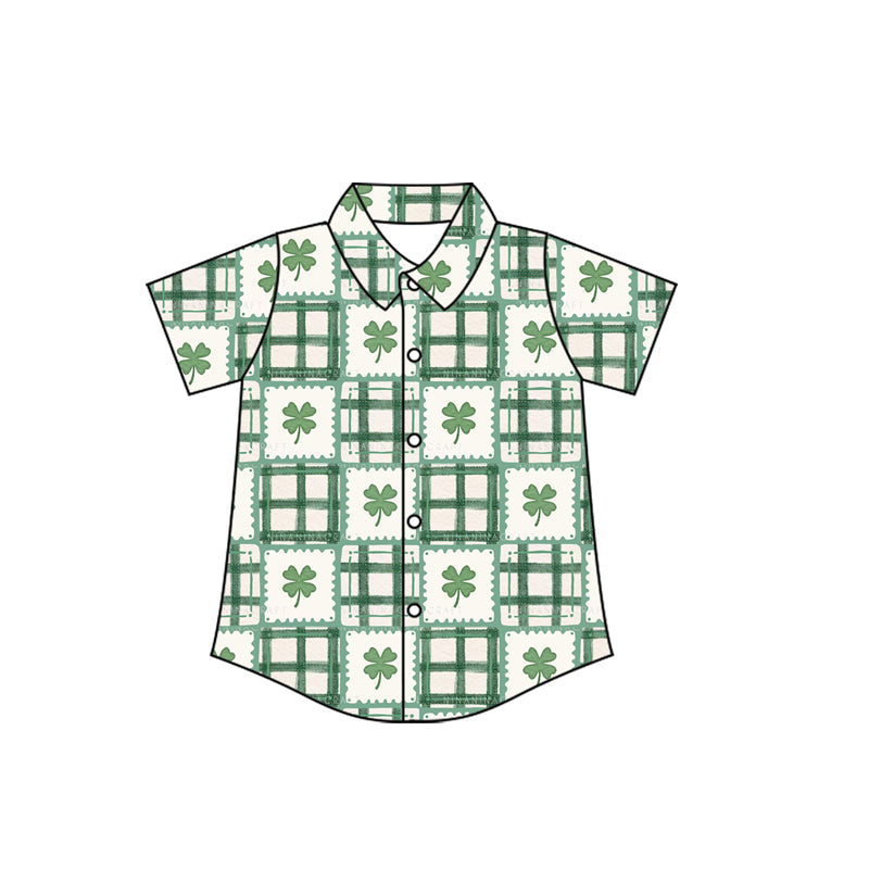 ( Moq 5 ) Preorder Baby Boys Short Sleeves St Patrick Buttons Clovers Plaid Shirt Tops