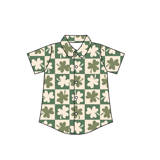 ( Moq 5 ) Preorder Baby Boys Short Sleeves St Patrick Buttons Clovers Checked Shirt Tops