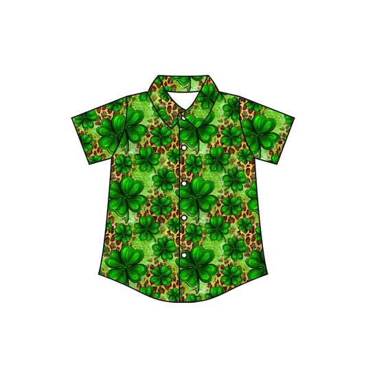 ( Moq 5 ) Preorder Baby Boys Short Sleeves St Patrick Buttons Clovers Leopard Green Shirt Tops