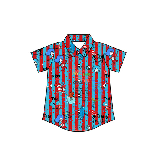 ( Moq 5 ) Preorder Baby Boys Short Sleeves Reading Stripes Buttons Shirt Tops