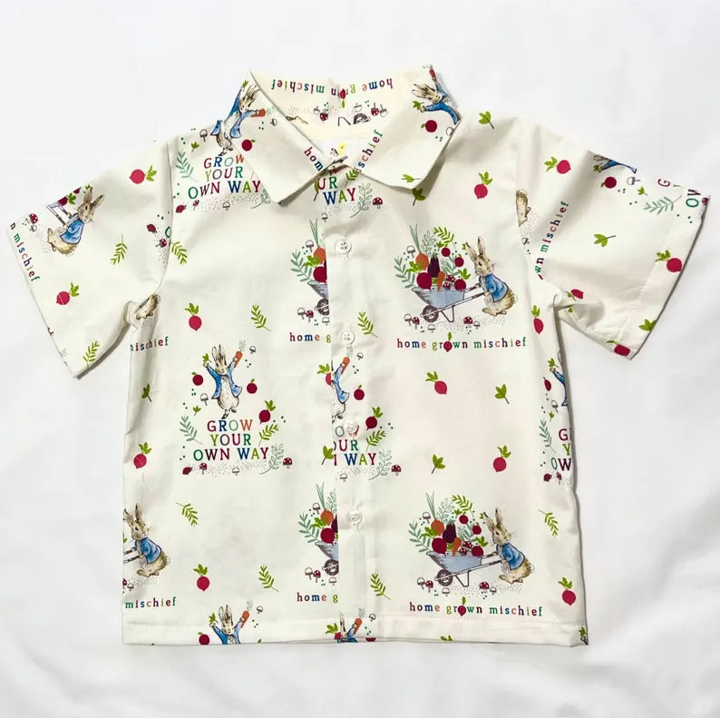 ( Moq 5 ) Preorder Baby Boys Short Sleeves Rabbits Buttons Easter Shirt Tops