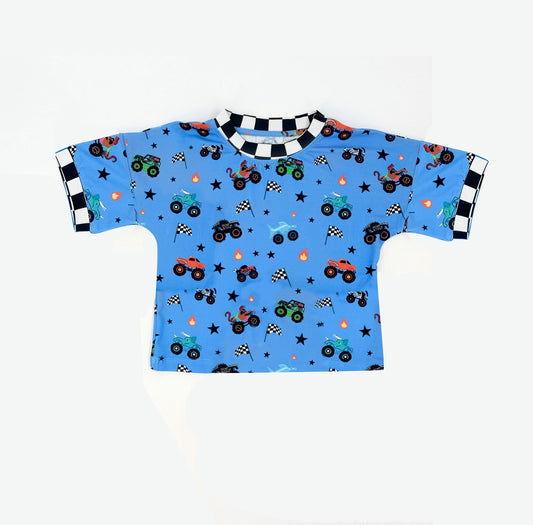 ( Moq 5 ) Preorder Baby Boys Blue Short Sleeves Trucks Flags Shirt Tops