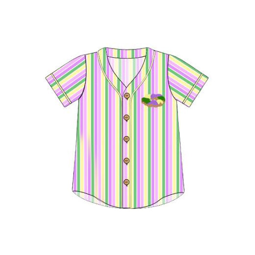 ( Moq 5 ) Preorder Baby Kids Toddler Short Sleeves Donuts Stripes Buttons Mardi Gras Shirt Tops