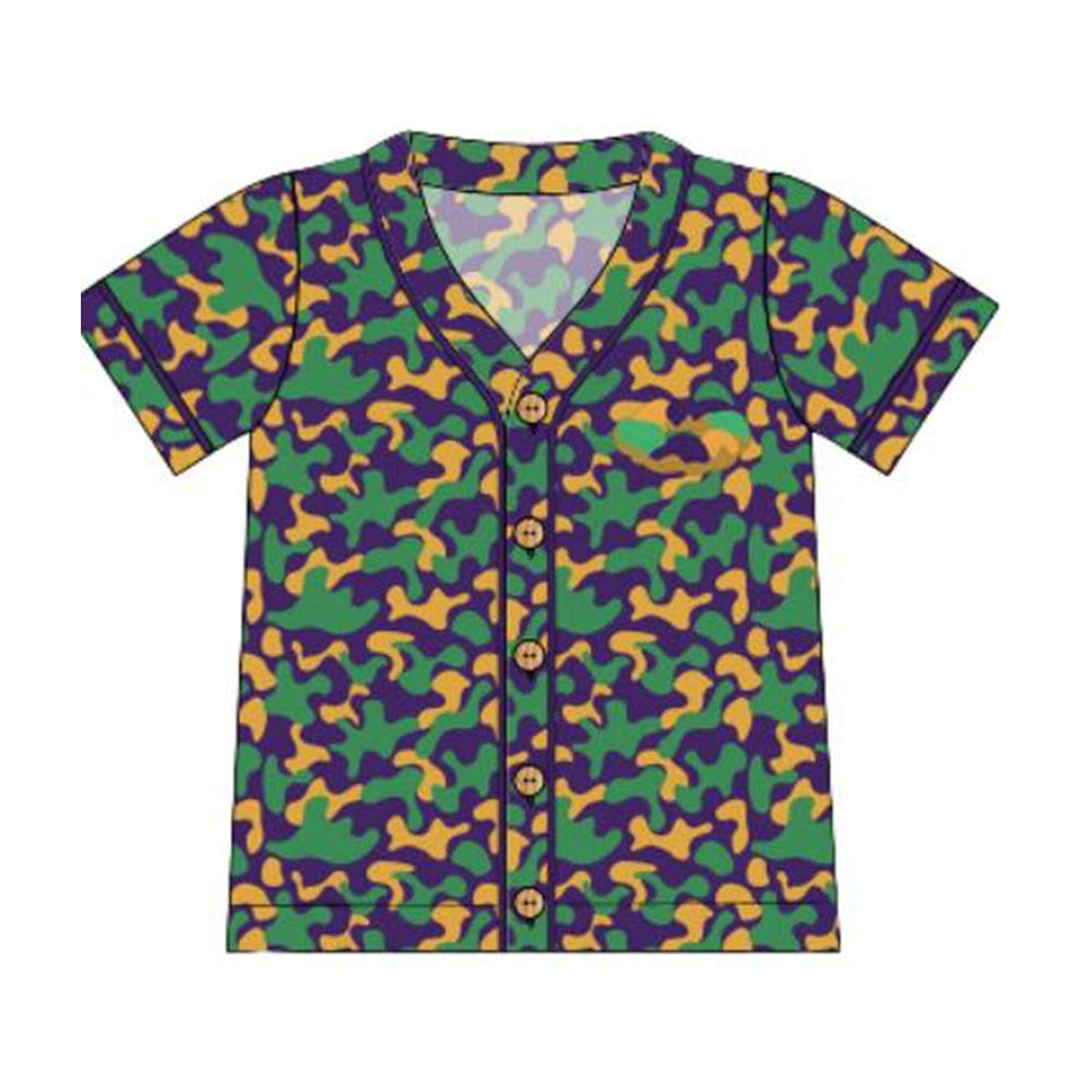 ( Moq 5 ) Preorder Adult Men Kids Short Sleeves Camo Buttons Mardi Gras Shirt Tops