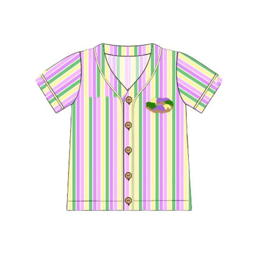( Moq 5 ) Preorder Adult Short Sleeves Donuts Stripes Buttons Mardi Gras Shirt Tops