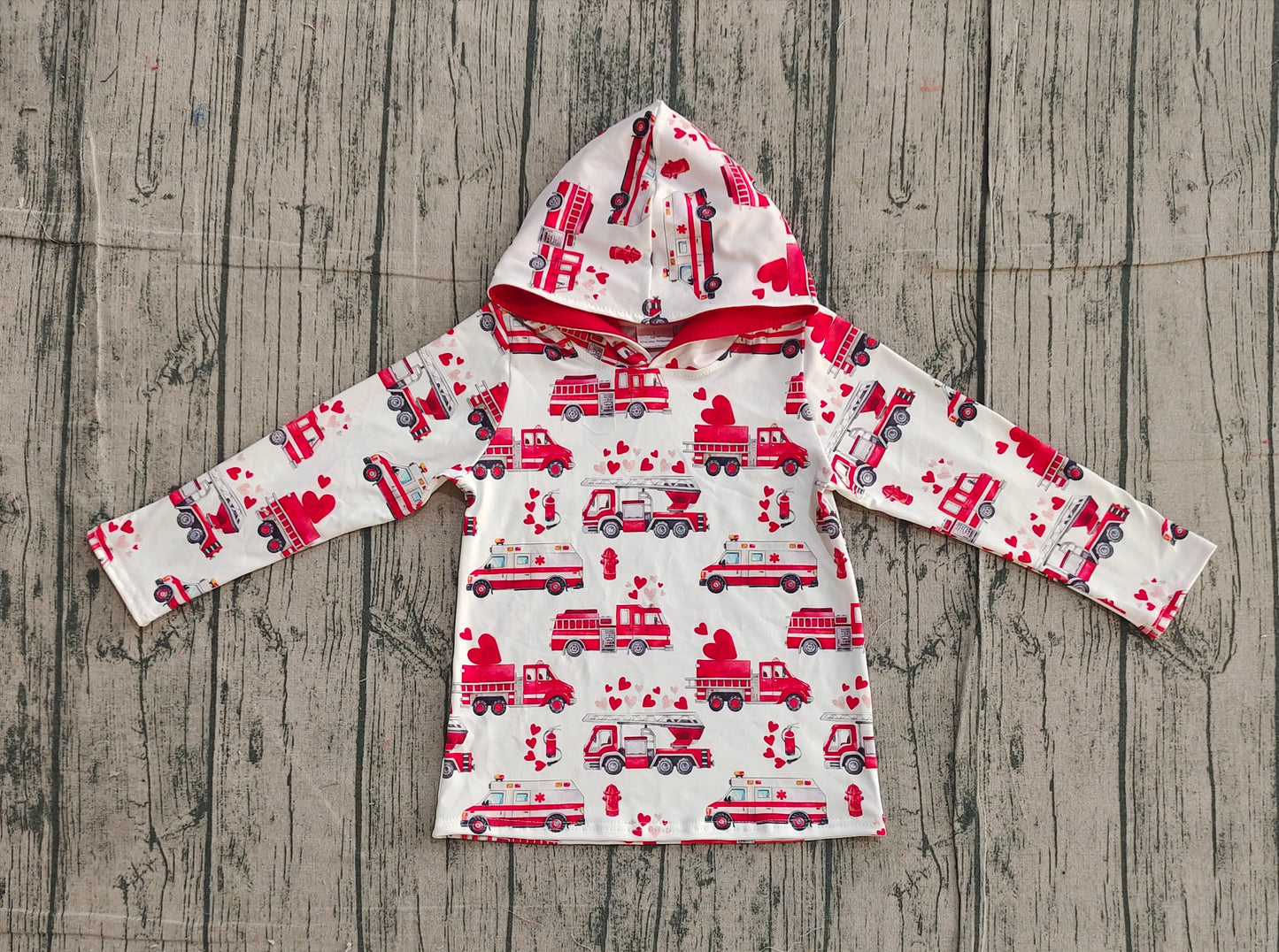 Baby Boys Long Sleeves Fire Trucks Hearts Valentine Hoodie Shirt RTS