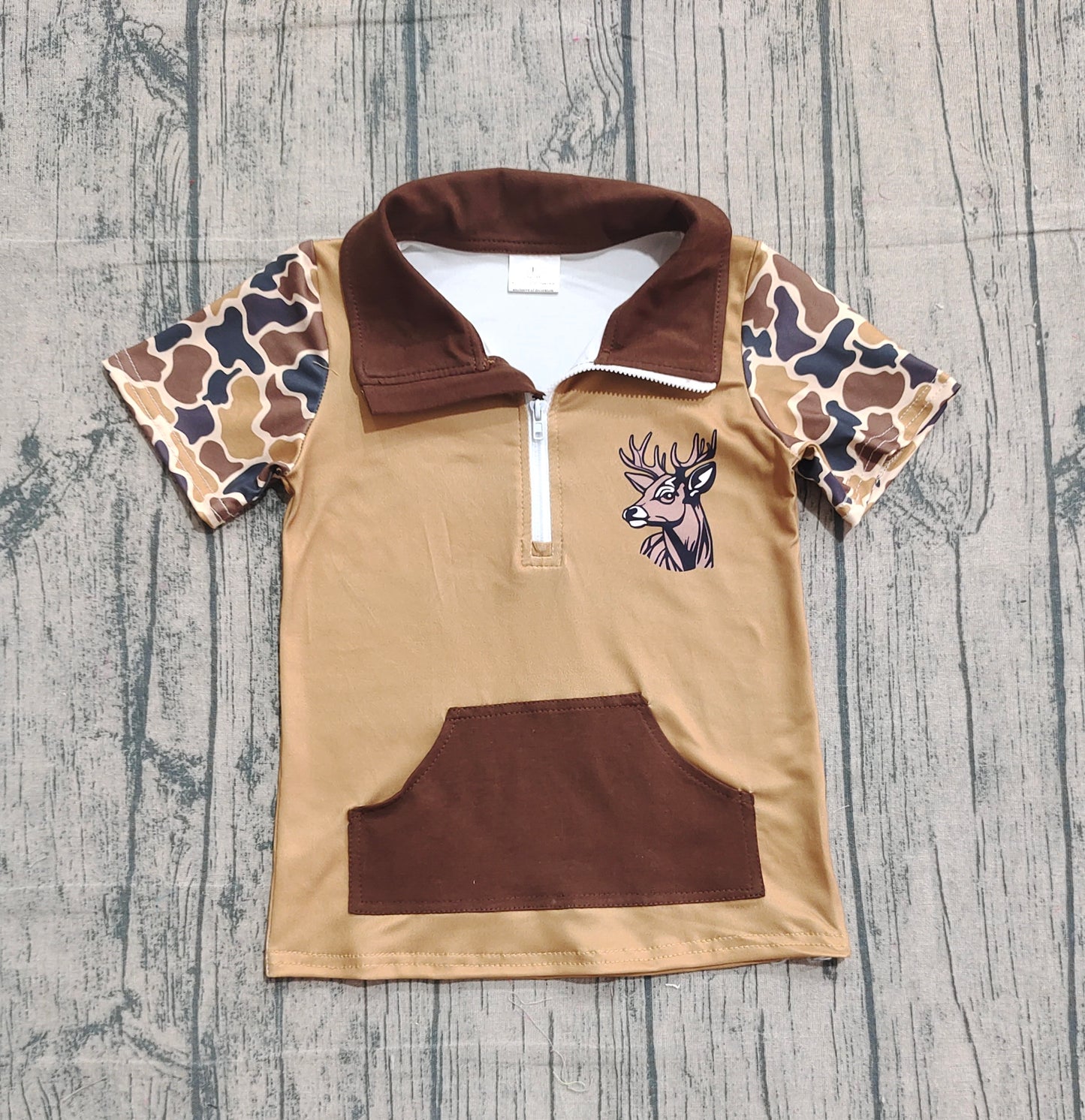 Baby Boys Camo Short Sleeves Deer Zipper Pocket Brown Pullover Shirt RTS