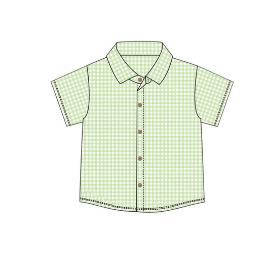( Moq 5 ) Preorder Baby Boys Short Sleeves Green Plaid Buttons Shirt Tops
