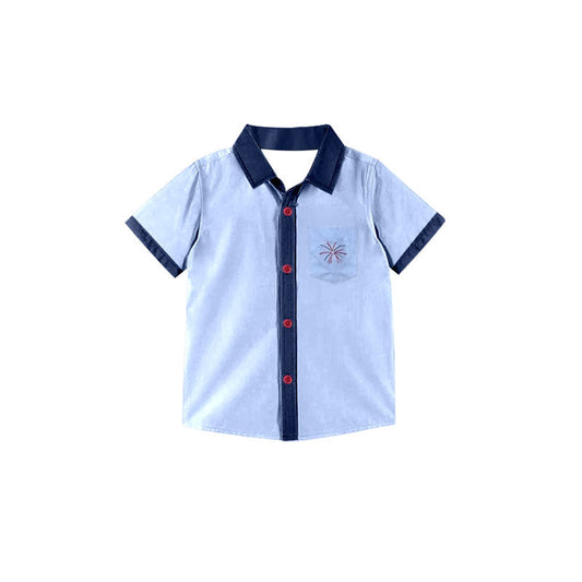 ( Moq 5 ) Preorder Baby Boys Short Sleeves Pocket Buttons 4th of July Blue Shirt Tops
