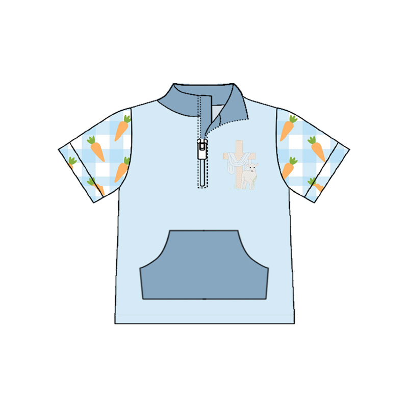 ( Moq 5 ) Preorder Baby Boys Carrots Short Sleeves Cross Zipper Pocket Easter Pullover Shirt