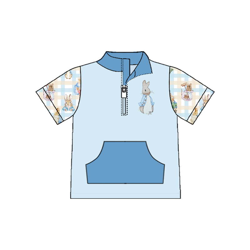 ( Moq 5 ) Preorder Baby Boys Plaid Short Sleeves Rabbits Zipper Pocket Easter Pullover Shirt