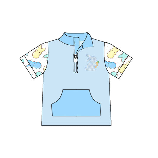 ( Moq 5 ) Preorder Baby Boys Short Sleeves Rabbits Zipper Pocket Easter Blue Pullover Shirt
