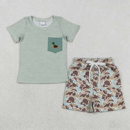 Baby Boys Kids Short Sleeves Embroidery Duck Stripes Shirt Pockets Camo Shorts Clothes Set