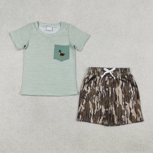Baby Boys Kids Short Sleeves Embroidery Duck Stripes Shirt Pockets Olive Camo Shorts Clothes Set