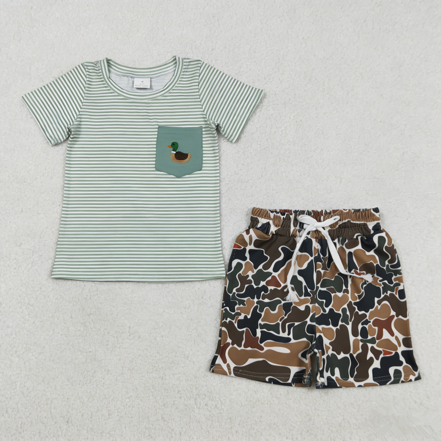 Baby Boys Kids Short Sleeves Embroidery Duck Stripes Shirt Pockets Brown Green Camo Shorts Set