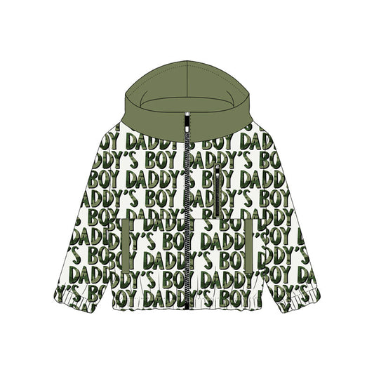 ( Moq 5 ) Preorder Baby Kids Long Sleeves Daddy's Boy Pockets Zipper Green Hoodie Jacket Shirt