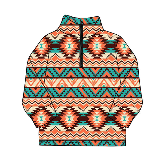 ( Moq 5 ) Preorder Baby Boys Long Sleeves Orange Aztec Zipper Western Pullover Shirt