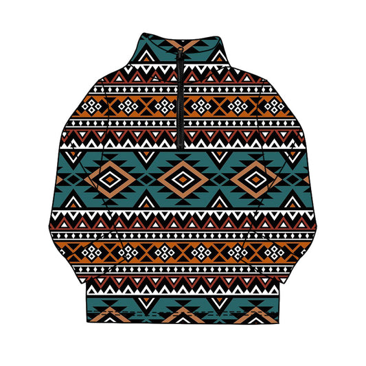 ( Moq 5 ) Preorder Baby Boys Long Sleeves Brown Green Aztec Zipper Western Pullover Shirt