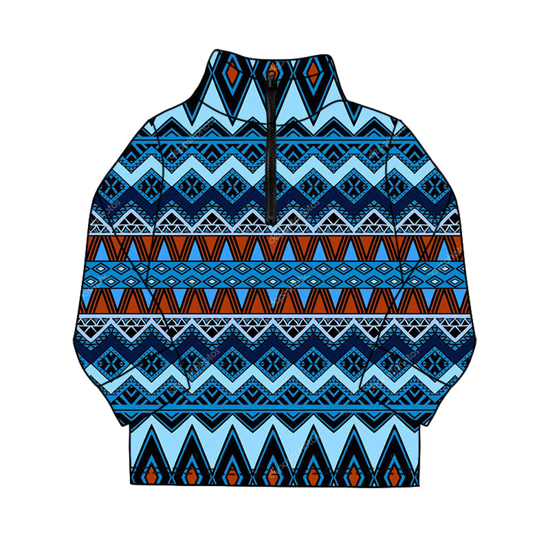 ( Moq 5 ) Preorder Baby Boys Long Sleeves Blue Aztec Zipper Western Pullover Shirt