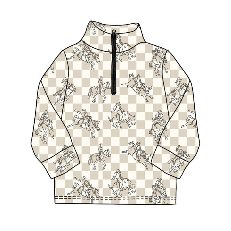 ( Moq 5 ) Preorder Baby Boys Long Sleeves Rodeo Checked Western Zipper Pullover Shirt
