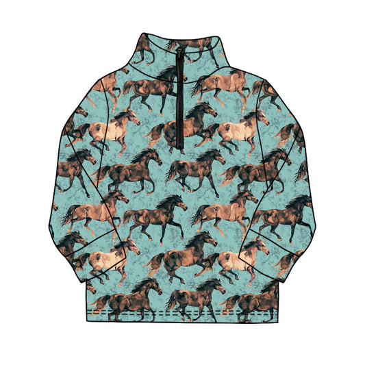 ( Moq 5 ) Preorder Baby Boys Long Sleeves Horse Western Zipper Green Pullover Shirt