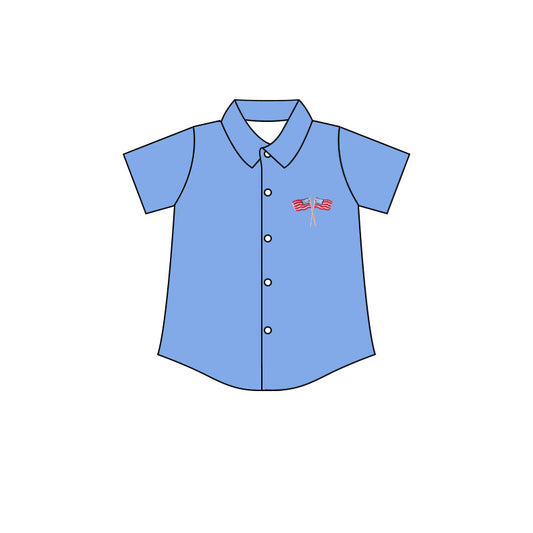 ( Moq 5 ) Preorder Baby Boys Short Sleeves Flags Buttons 4th of July Shirt Tops