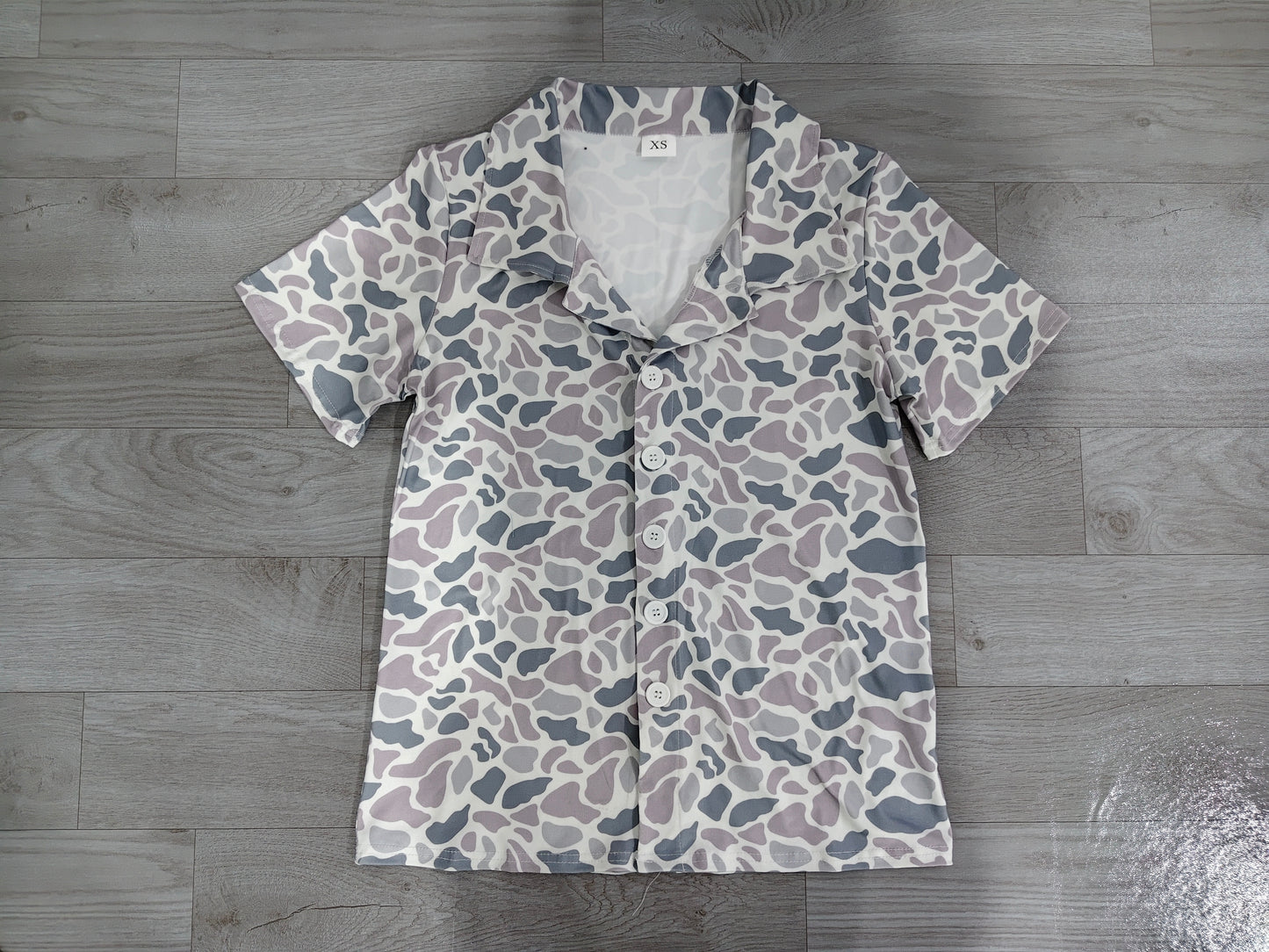 ( No moq ) Preorder Adult Men Short Sleeves Grey Camo Buttons Cardigan Shirt Tops