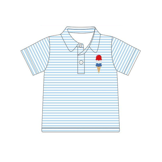 ( Moq 5 ) Preorder Boys Kids Short Sleeves Popsicle Blue Stripes 4th of July Buttons Shirt Tops