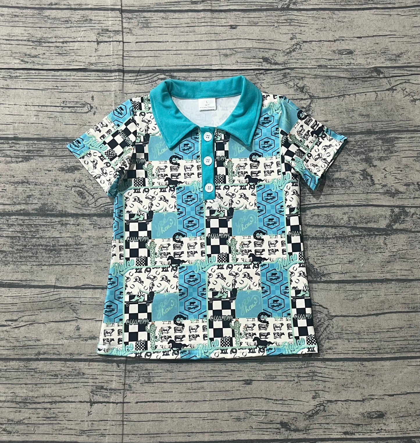 Baby Boys Kids Short Sleeves Western Cowboy Cactus Buttons Blue Shirt RTS