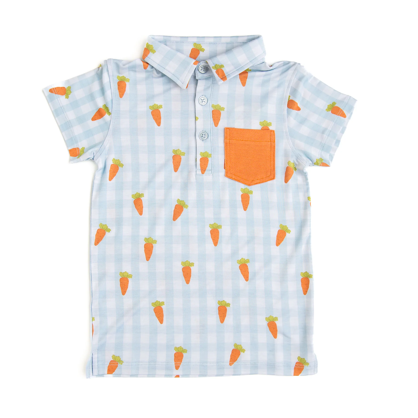( Moq 5 ) Preorder Baby Boys Short Sleeves Carrots Blue Plaid Pocket Buttons Shirt Easter Tops