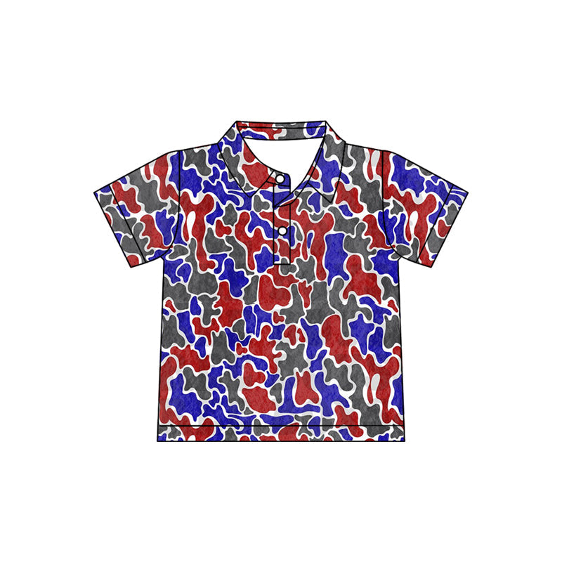 ( Moq 5 ) Preorder Baby Boys Short Sleeves Red Blue Camo 4th of July Buttons Shirt Tops