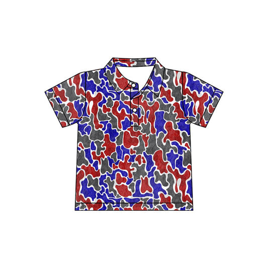 ( Moq 5 ) Preorder Baby Boys Short Sleeves Red Blue Camo 4th of July Buttons Shirt Tops