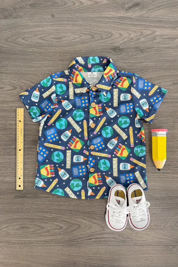 ( Moq 5 ) Preorder Baby Boys Short Sleeves Pencil Buttons Back to School Blue Shirt Tops