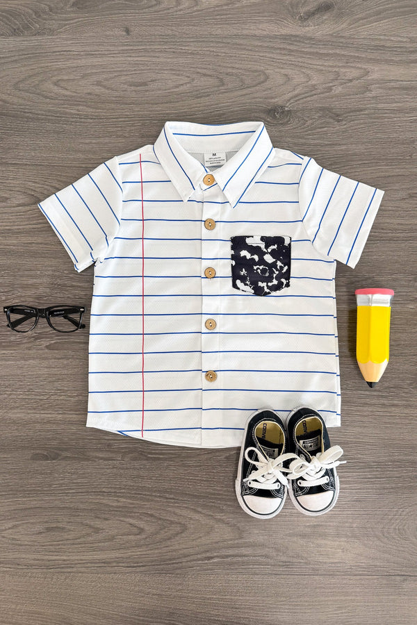 ( Moq 5 ) Preorder Baby Boys Short Sleeves Stripes Buttons Pocket Back to School Shirt Tops
